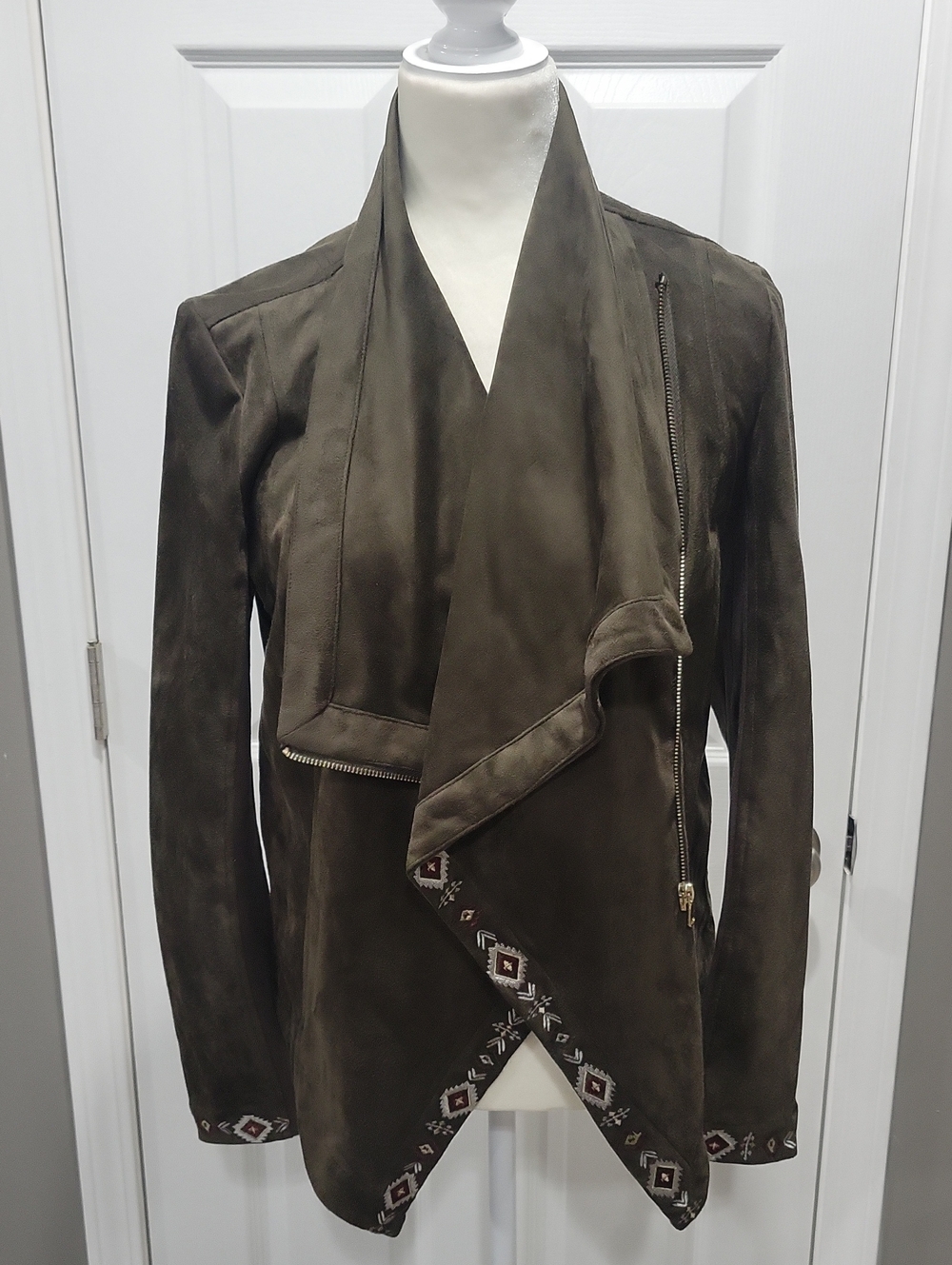 DRIFTWOOD Olive Green Suede Embroidered Trim Shirt Jacket